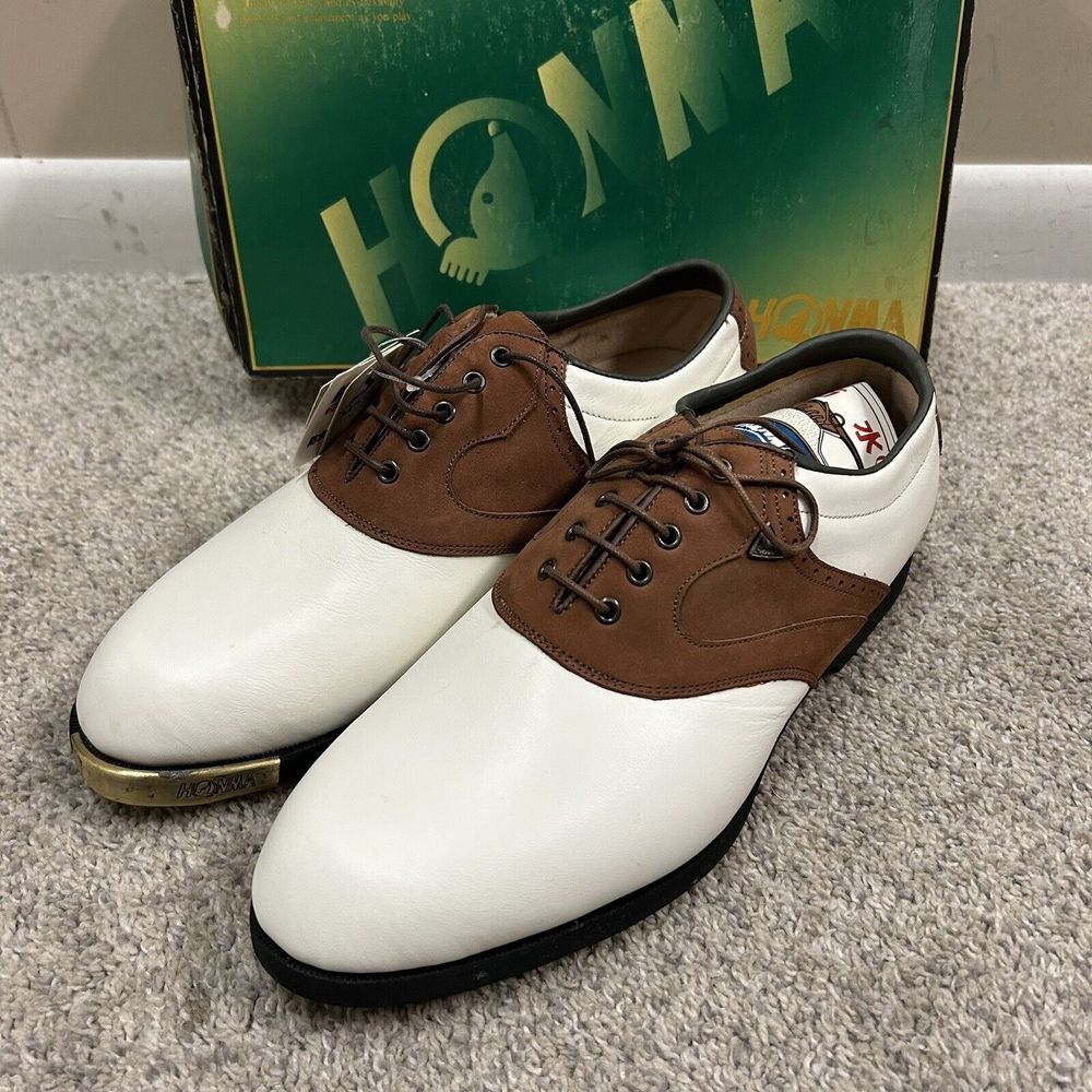 Honma Men's Golf Shoes Metal Spikes Mens 9 US 27 Japan White Brown New w Defects
